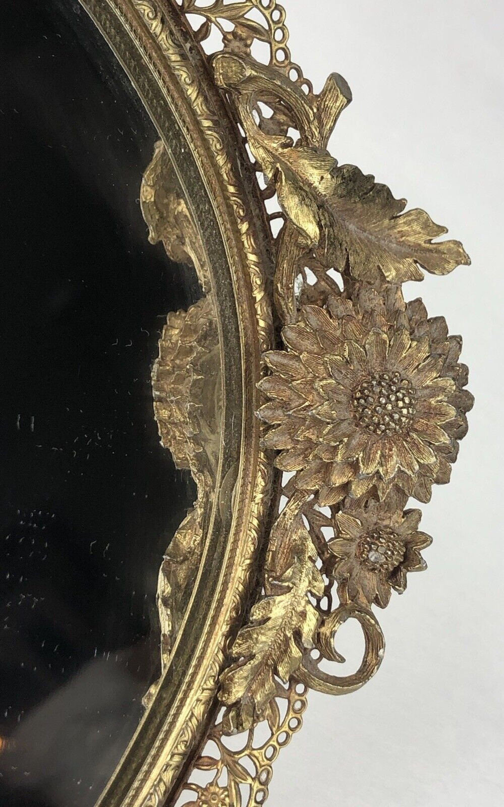 MATSON Sunflower Vanity Mirror Tray Flowers Dahlia Leaves Gold Tone Vintage
