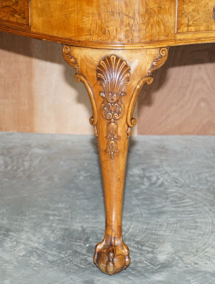 BURR WALNUT ANTIQUE VICTORIAN LION CLAW & BALL FEET KIDNEY LIBRARY TABLE DESK - Image 4 of 4