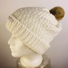 DKNY Jeans Knit Beanie White  Beige Brown Pom Winter Cream Sweater hat Toque