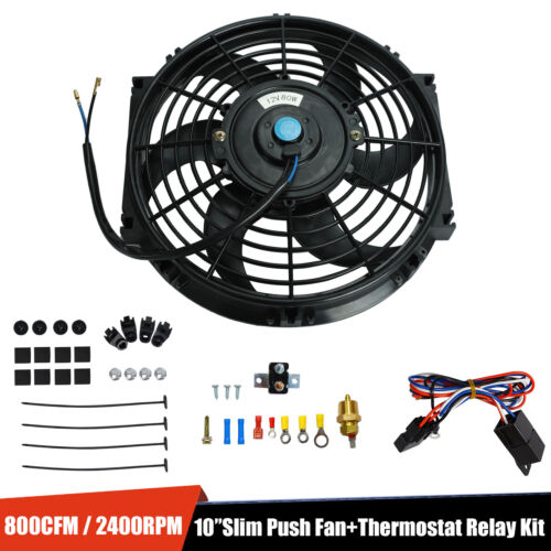 10" Radiator Cooling Slim Push Pull Fan + Thermostat Wiring Switch Relay Kit - Picture 1 of 10