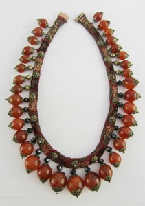 Late 19th C Chinese Gold Mounted Carnelian, Obsidian & Silver Gilt Silk Necklace