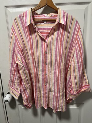 Chico's 100% Linen Shirt Womens Size 4 US 20 3/4 Sleeve Abalogne Shell Buttons