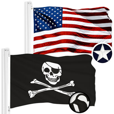 G128 Combo USA Flag & Pirate Jolly Roger Bones Flag Both 2.5x4Ft Emb 300D Poly