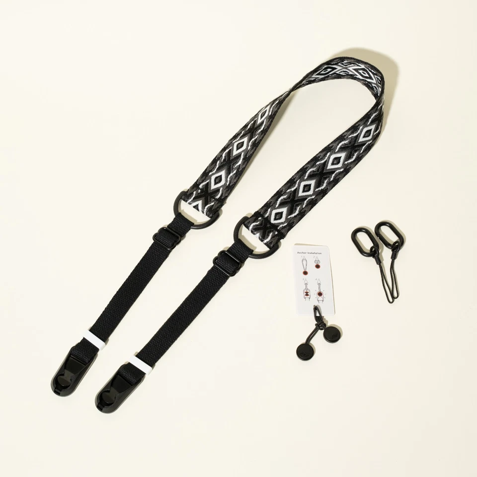 Correa de cámara estilo vintage bordada negra gris anclajes de diseño de pico ajustables Foto 3 de 4