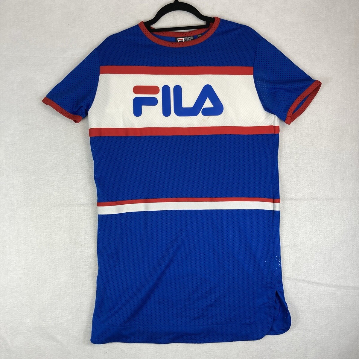 Fila Women Sz M Blue Red White Spellout Mesh Jersey Dress Perforated Sporty