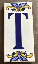 Vintage Ceramic Tile Blue & Yellow Address House Initial T Made In Spain 6” X 3”