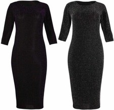 Ladies Plus Size 3/4 Sleeve Sparkle Lined Lurex Midi Dress Night Out Party Dress
