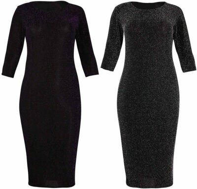 Damen Übergröße 3/4 Ärmel funkelnd gefüttert Lurex Midi Kleid Abend Partykleid