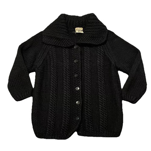 50s 60s Gimbels Women’s Wool Cardigan Sweater Chunky Hand Knit Black Sz S/M Flaw