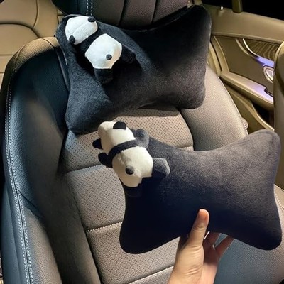 Car Headrest Pillow 2PCS Plush Bear ＆ Bunny Car Seat Headrest Pillow - Black