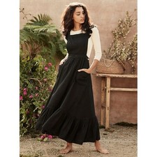 NEW Doen Peninsula Pinafore Dress (Sz L) Silk Linen Ruffle Apron Bib Maxi Black