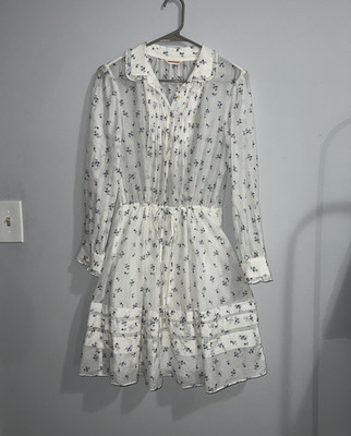 Rebecca Taylor White Blue Floral Cotton Silk Long Sleeve Mini Shirt Dress