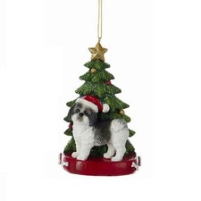 Black and White Shih Tzu Wearing Santa Hat with Christmas Tree Ornament New