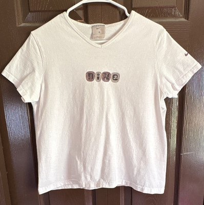 Vintage Y2K Nike White V-Neck T-Shirt Size M Flower Bubble Letters Baby Tee