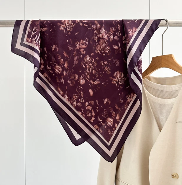 100% Silk Shawl Scarf 65X65cm Neckerchief Purple floral Print Wrap Bandana new - Image 3 of 4