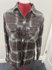 Mens Plaid Flannel Shirt pearl snaps Button Up Long Sleeve Western Gray Red