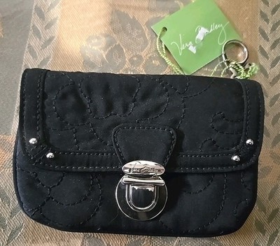 NEW Vera Bradley Flap Id Wallet In Black Microfiber With Key Chain & Pushlock
