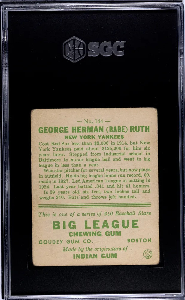 1933 Goudey Babe Ruth #144 SGC 1.5 view 2