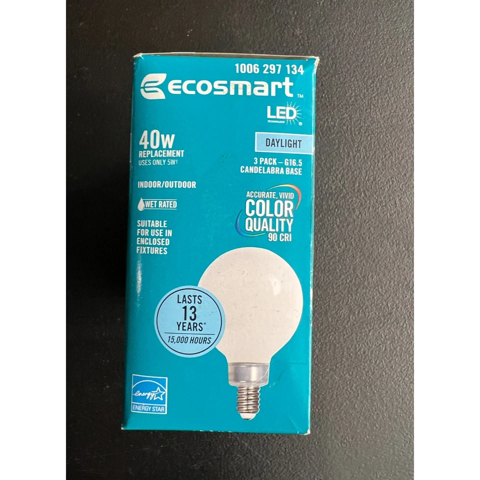 3pk Ecosmart 40W LED Light Bulb G16 Dimmable Frosted Filament Daylight E12 Mini - Image 4 of 4