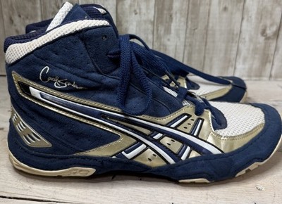 2007 Asics Cael Sanderson V3.0 RARE Wrestling Shoes Navy Gold JY700 Sz 9.5 (h)