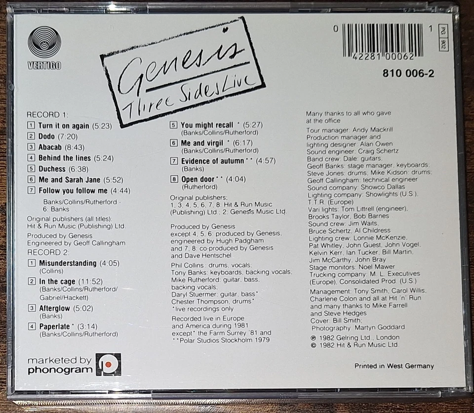 GENESIS - THREE SIDES LIVE 2-CD-Set dickes JewelCase W. Germany-Pressung - Bild 2 von 2