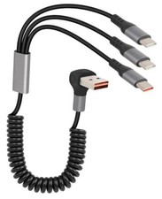 66W Coiled Multi USB C Fast Charging Cable 90 Degree, Right Angle 3 in A to 3C