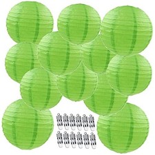 12pcs Paper Lanterns with 12pcs White LED Lights, 6" 8" 10" 12" Round Green