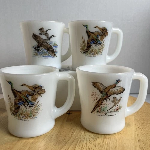 4pc Vintage Fire King Coffee Mug Milk Glass Pheasant Goose Duck Hunting Decor