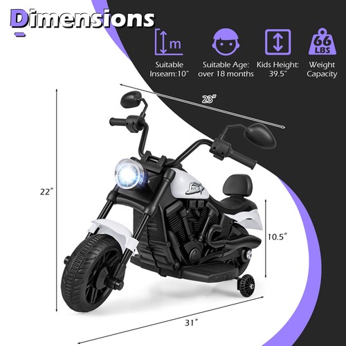 Kids Motorcycle w/Headlight, Music, Training Wheels, Foot Pedal for Boys Girls - Picture 2 of 10