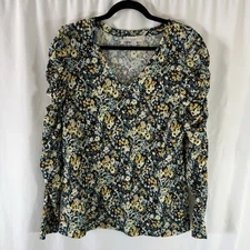 Loft Blouse Women's XL Blue Floral Long Sleeve Puff Sleeve Ruched Vneck Textured