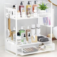 2 Tier Bathroom Organizer Countertop with Drawer Metal Mesh Bathroom Counter