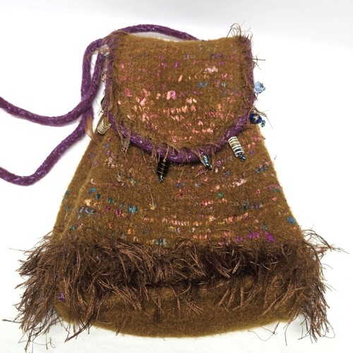 Hand Felted Brown Wool Drawstring Bag VTG Y2K Fringed Glass Beads Accent Boho