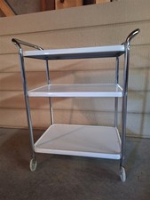 Vintage MCM White Metal 3 Tier Rolling Kitchen Bar Serving Utility Cart w/Wheels