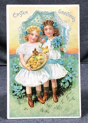 EASTER Holiday Embossed Antique Postcard PC TUCK Two Pretty Girls Basket Chicks