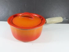 VTG Descoware Flame Orange Pot Cover Enamel Cast Iron Belgium Wood Handle C2128