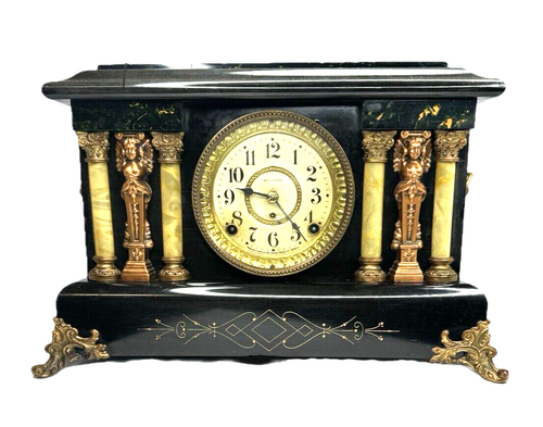 Vintage Seth Thomas 6 Pillar faux Marble Cherubs Mantle Clock Lions Head