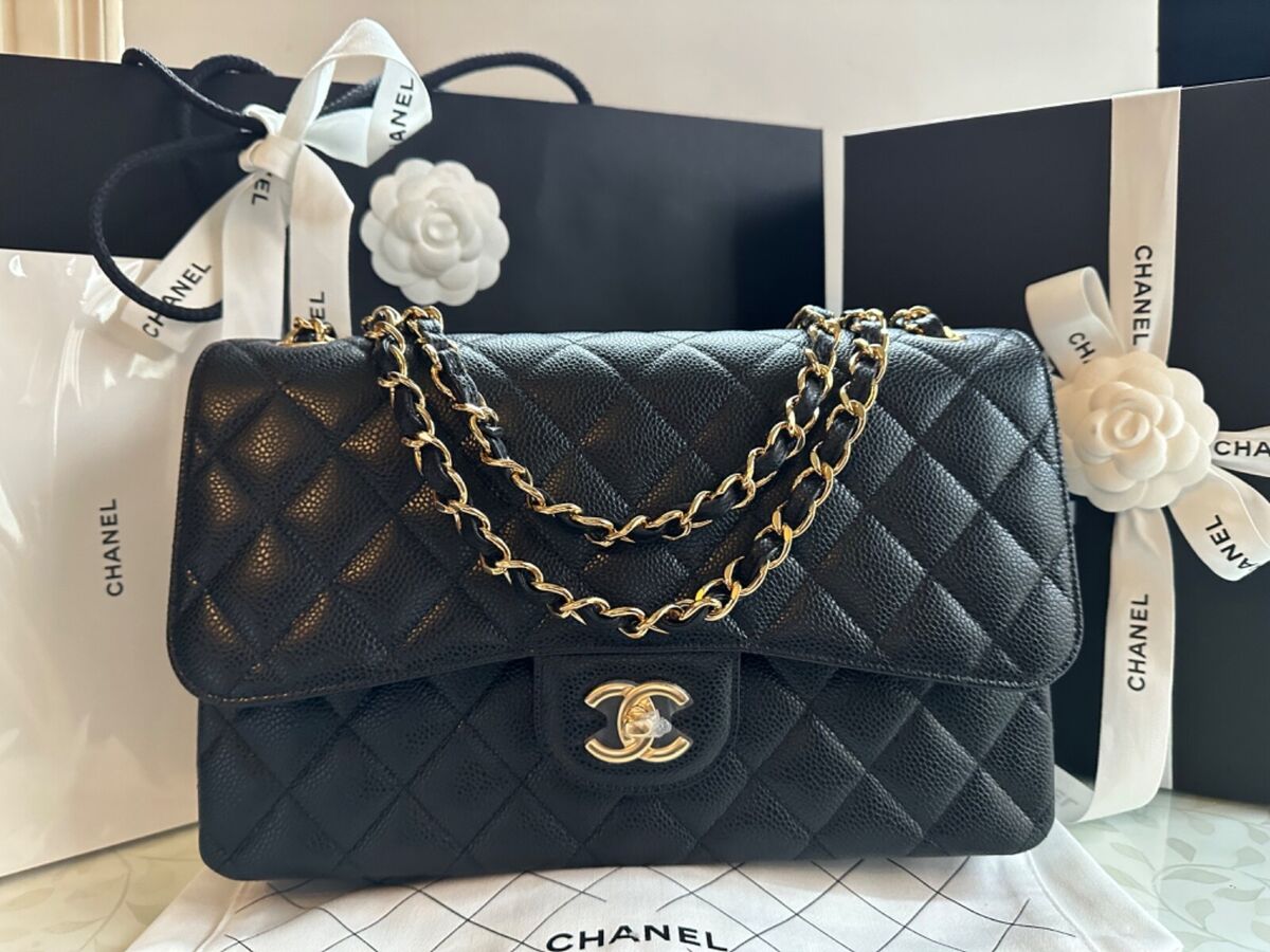 NEW CHANEL 2023 Jumbo Classic Double Flap Black Bag Gold CC HWR MICROCHIP | eBay