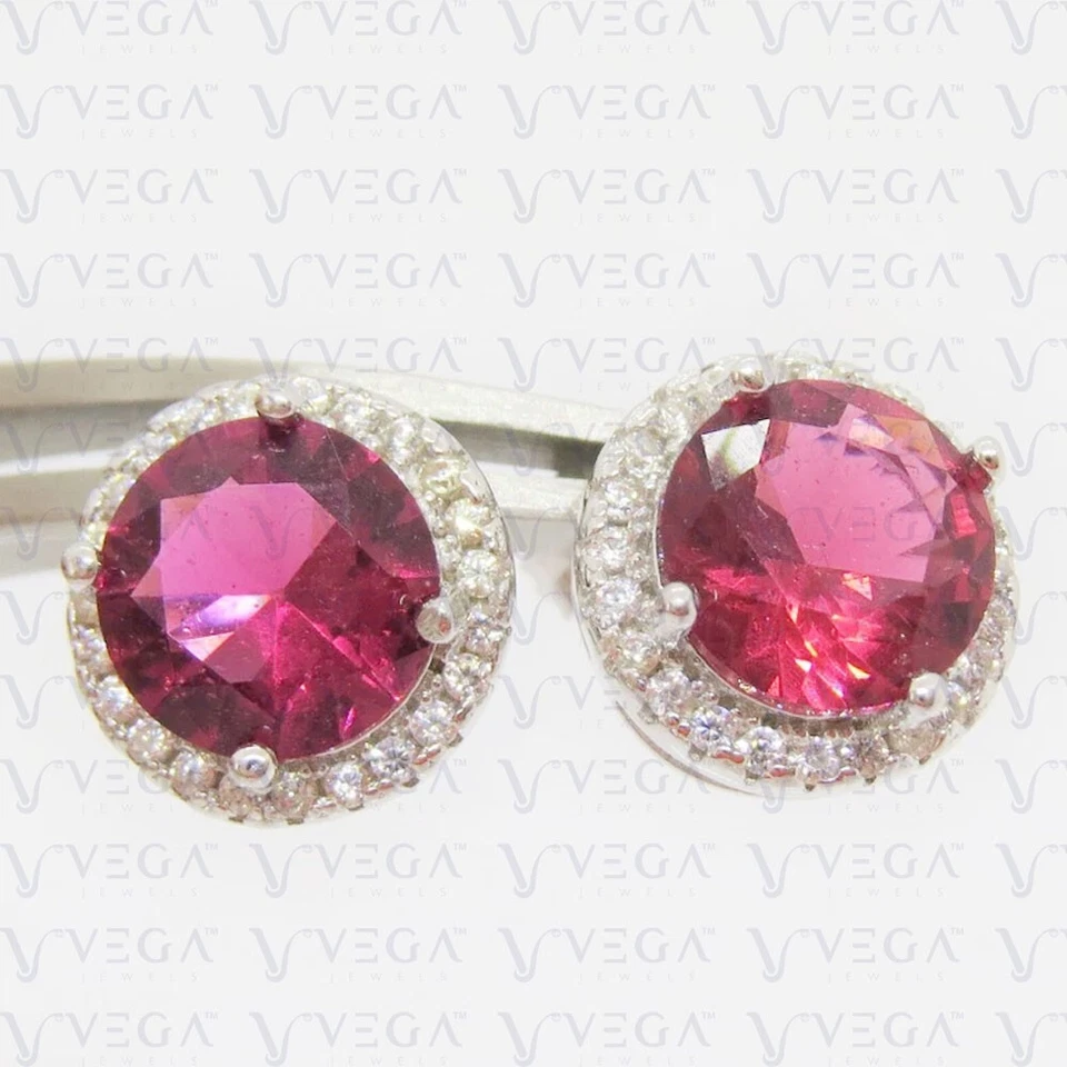 4.50 克拉圆形切割天然碧玺和钻石耳钉 18k 镀白金 — 第 2/4 张图片