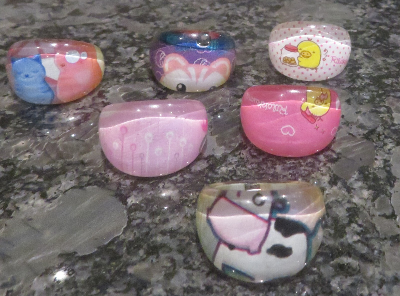 Set of 6 Resin Murano Style Childs Rings Different Colours, Patterns.