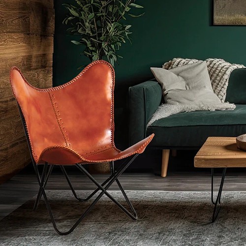 Chair Butterfly Brown Leather Handmade Home VintageBrown Lounge Relax With Stand - 第 2/8 張圖片