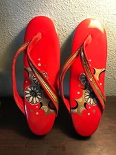 Vintage 70's Red Floral Japanese Geta Slippers 11