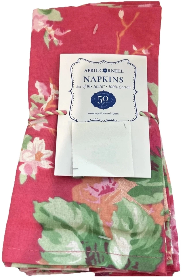 April Cornell Cottage Rose Pink Green White Floral Cotton Napkins Set of 10