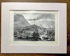 Antique 1874 Wood Engraving, "Little Falls" New York in Frame-Ready 11x14 Mat