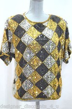 NWT EXCLUSIVE silk VTG 80's silver gold sequin Party Evening Formal Top Blouse M