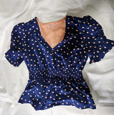 Rabbit ROSE NAVY AND PEACH POLKA DOT SIZE M SMOCK PEPLUM Top