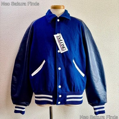 Rare 90s DeLONG Varsity Jacket Blue Leather Wool USA Made Flasher L
