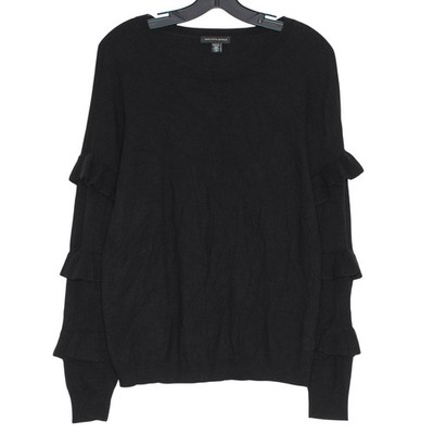 Saks Fifth Avenue Sweater Wool Cashmere Preppy Ruffle Sleeve Black Large Flaws