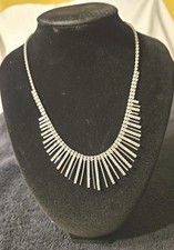 Statement Dangle Rhinestone Fringe Bib Necklace Silver Tone 16" w 3" Ext