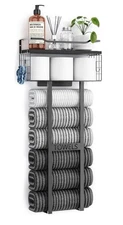 Wall Mounted Metal Bath Towel Holder Rack w/ Storage Shelf 31" x 15.7" Black New