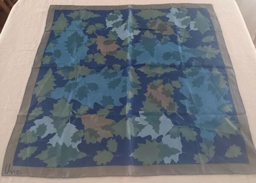 Vintage 60s Vera Silk Scarf Blue Gray Abstract Leaves Green Hand Rolled - Picture 2 of 3